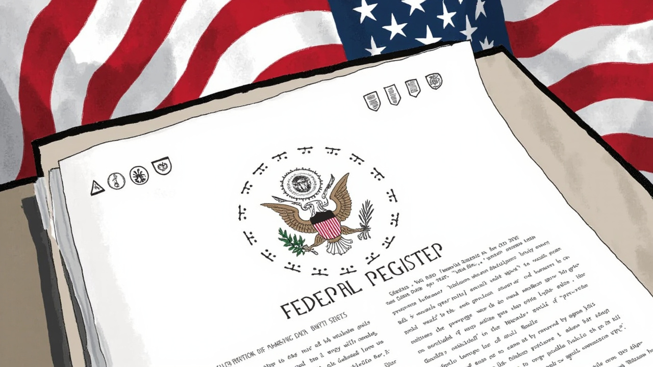 Federal Register de Estados Unidos con documentos oficiales y bandera estadounidense