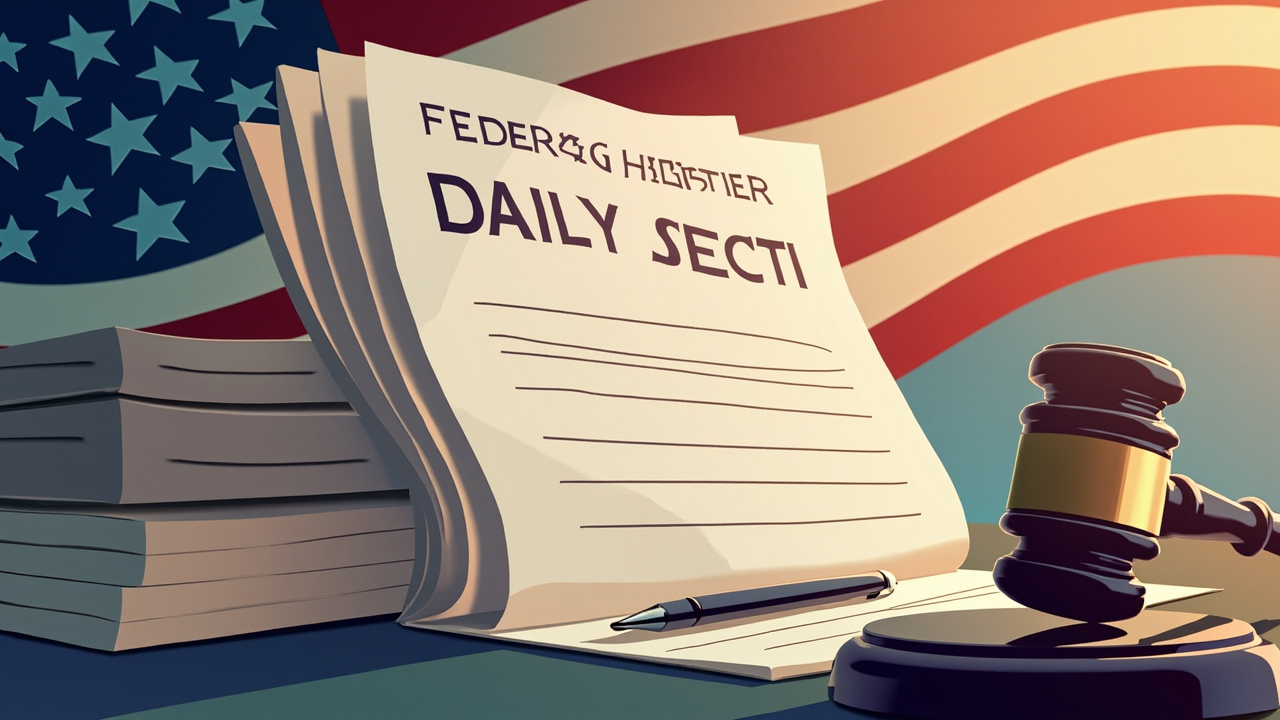 Edición diaria del Federal Register con documentos oficiales y bandera estadounidense