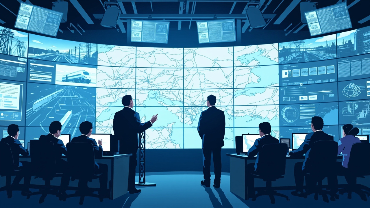 Centro de operaciones europeo de gestión de crisis con pantallas de energía, transporte y plataformas digitales