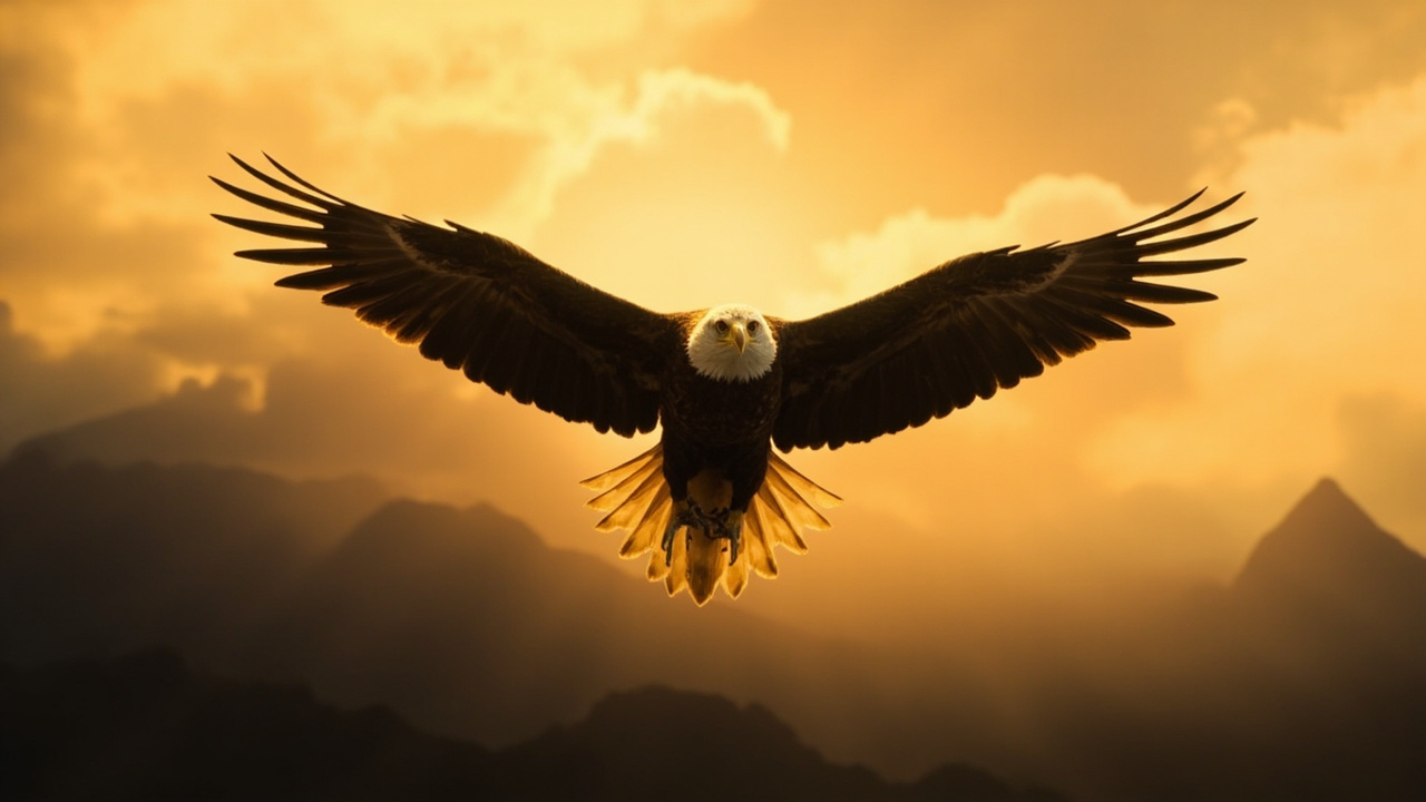 Majestic golden eagle soaring over mountains at golden hour